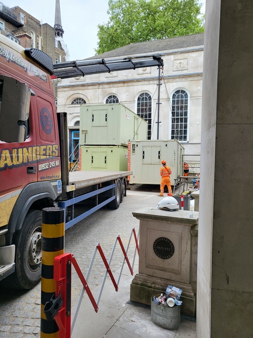 The Lift Cabin is in, the Cobbles are being put back down in the garden and the Portacabins are going!